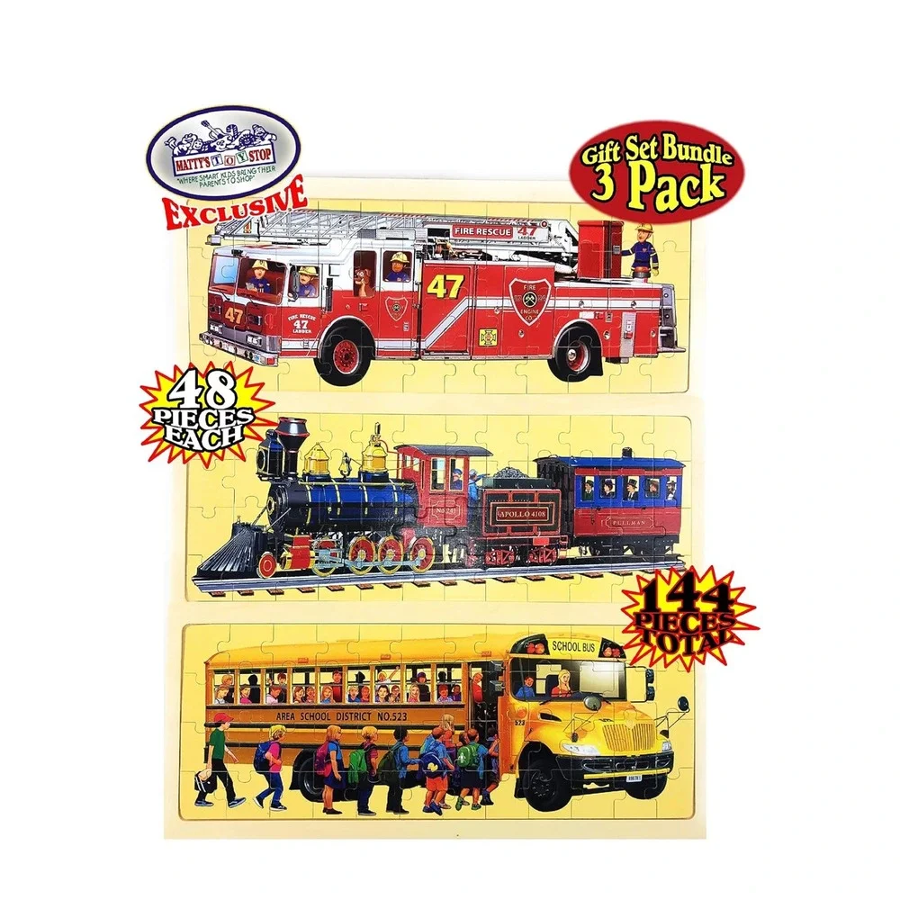 Matty's Toy Stop Wooden Puzzles Gift Set‎ Bundle 3 Pack Fire Truck Train Bus